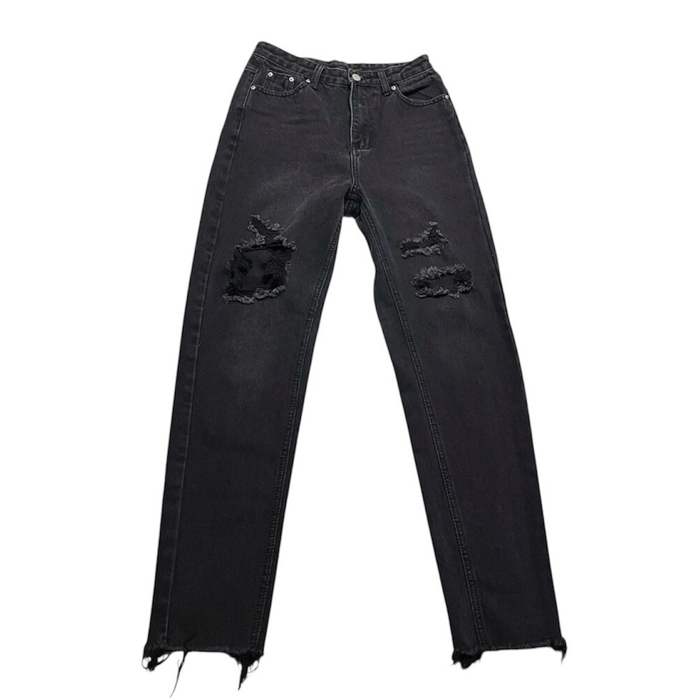 SHEIN Womens Distressed Black Denim Jeans Raw Hem High Rise Boho 26 Small
